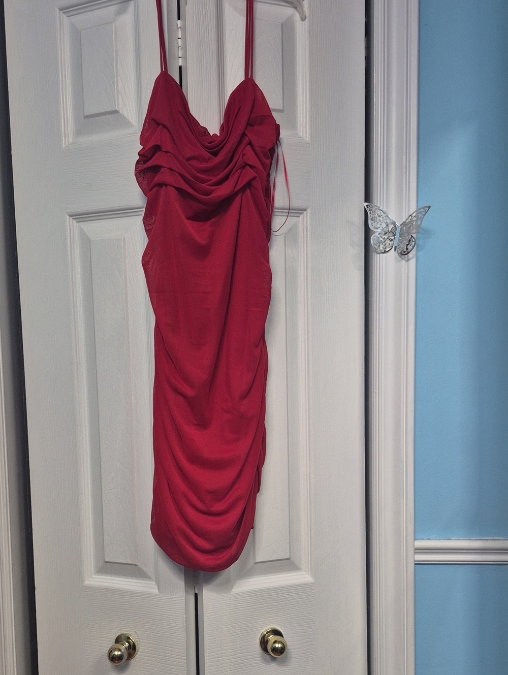 Garage Red Draped Cowl Spaghetti Strap Mini Dress